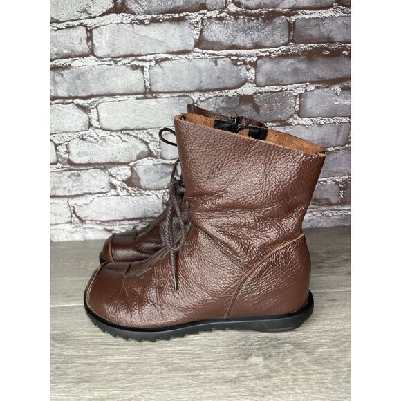 Hin Rui VTG Brown Leather Ankle Boots Rope Laces Side Zip Women 8.5M US/39EU 250 - Picture 2 of 16